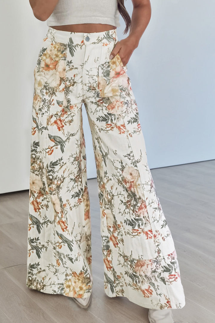 Beige Vintage Style Floral Print High Waist Wide Leg Jeans