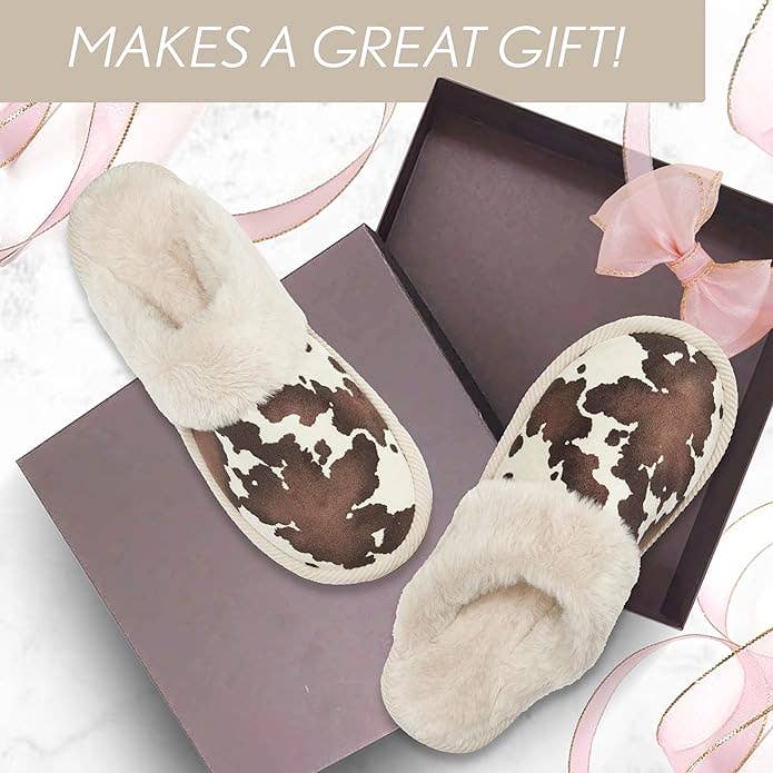 Womens Plush Cow Print Slippers Beige Sherpa Lined