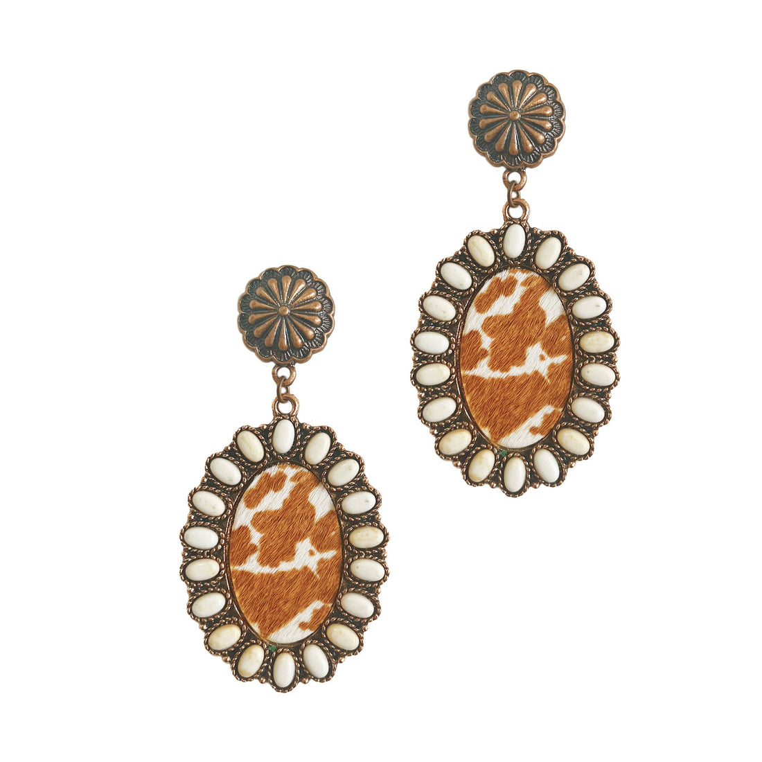 Cowhide Drop Earrings with Cream Stones: Copper Cream / One Size