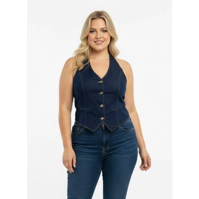 DENIM HALTER NECK BUTTON DOWN VEST TOP