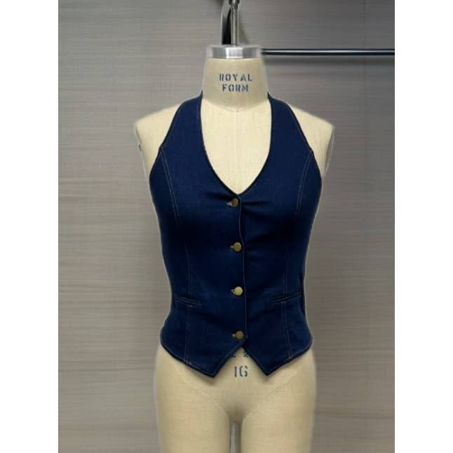 DENIM HALTER NECK BUTTON DOWN VEST TOP
