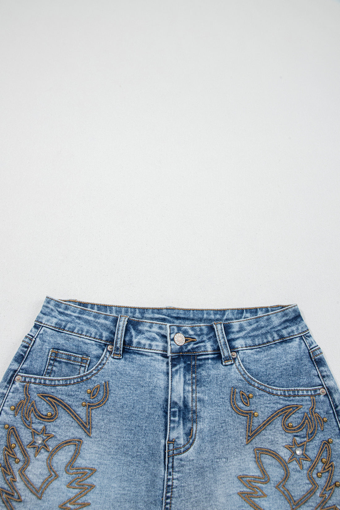 Dusk Blue Western Embroidery Stud Denim Shorts