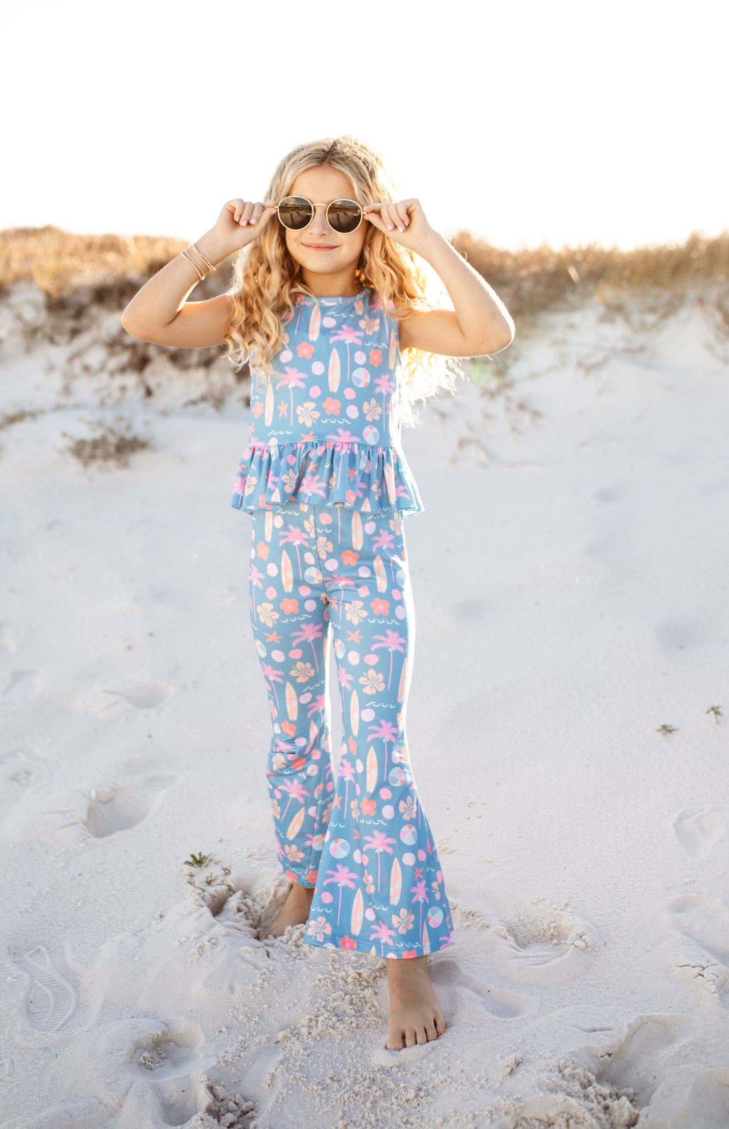 Kids Dusty Blue & Pink Summer Surf Print Flare Pant Set: 2