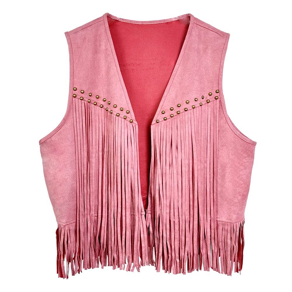 Western Studded Fringe Open Front Vest: Pink