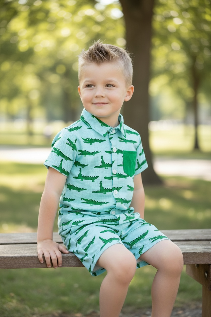 Cute crocodile printed on blue button up shirt and matching shorts