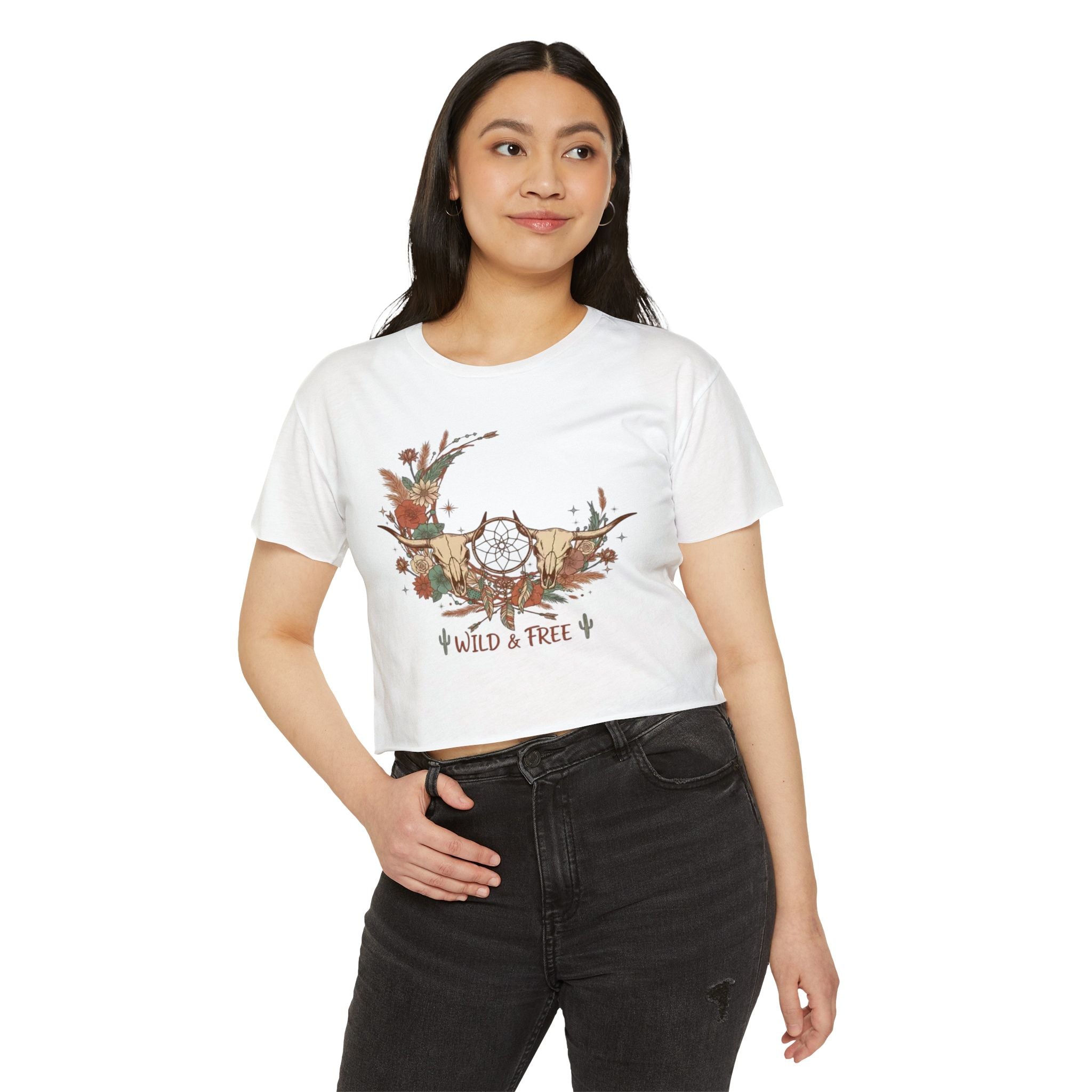 Wild & Free Festival Crop Top — Boho Western Dreamcatcher Graphic Tee