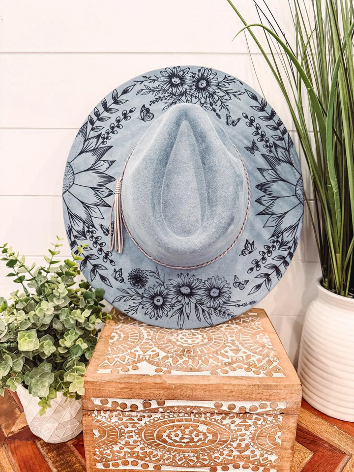 Engraved Floral Hat: Dusty Blue