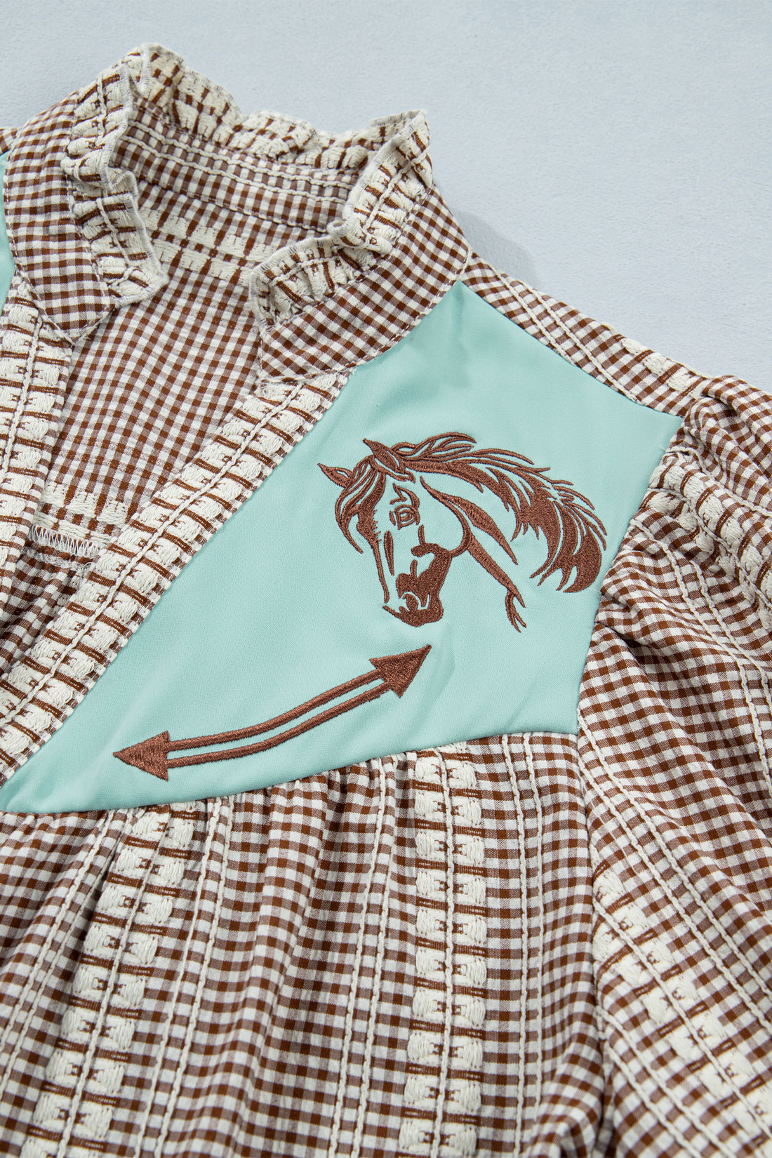 Brown Western Pony Embroidered Yoke Puff Sleeve Gingham Blouse