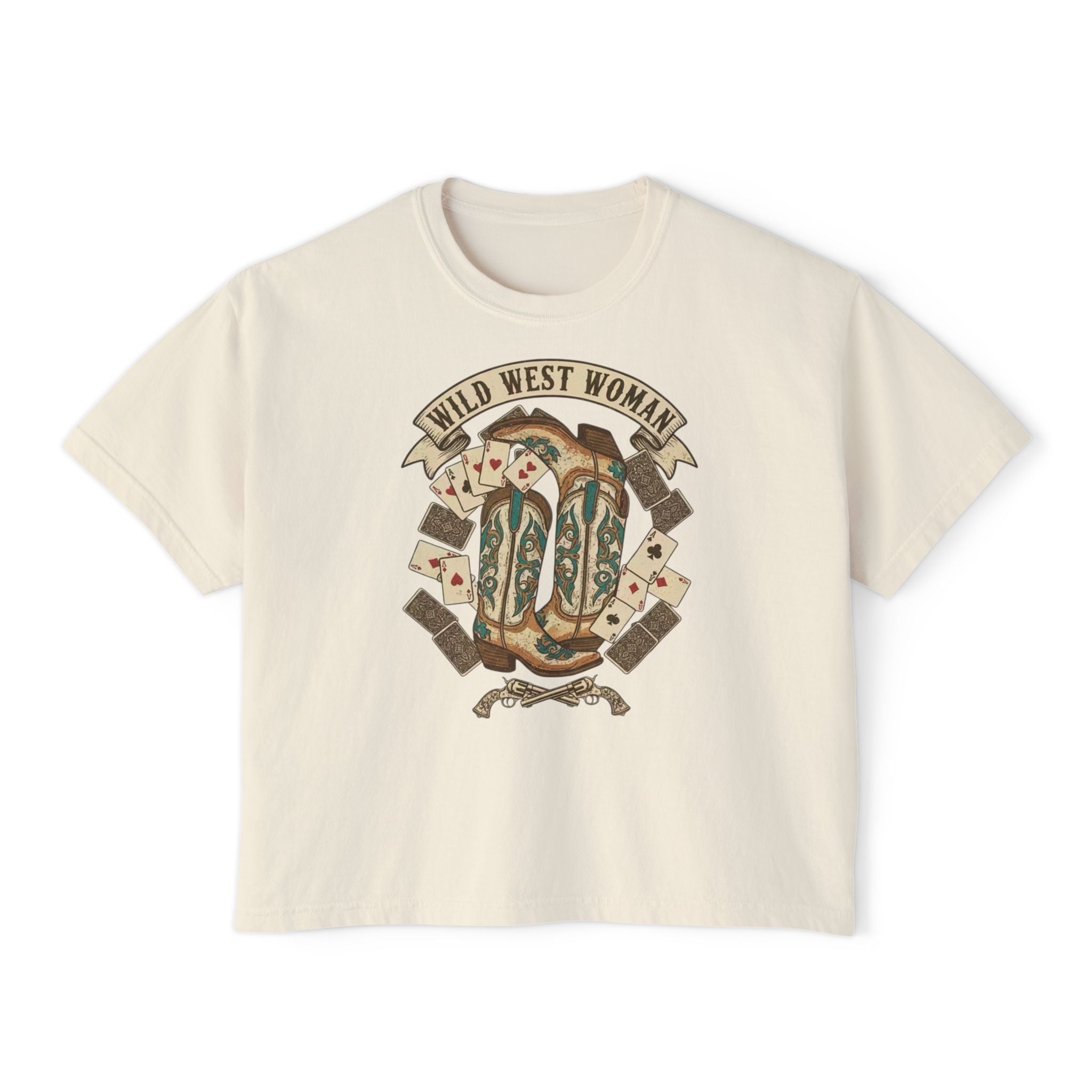 Wild West Woman Boxy Tee — Retro Cowboy Boots & Playing Cards Graphic
