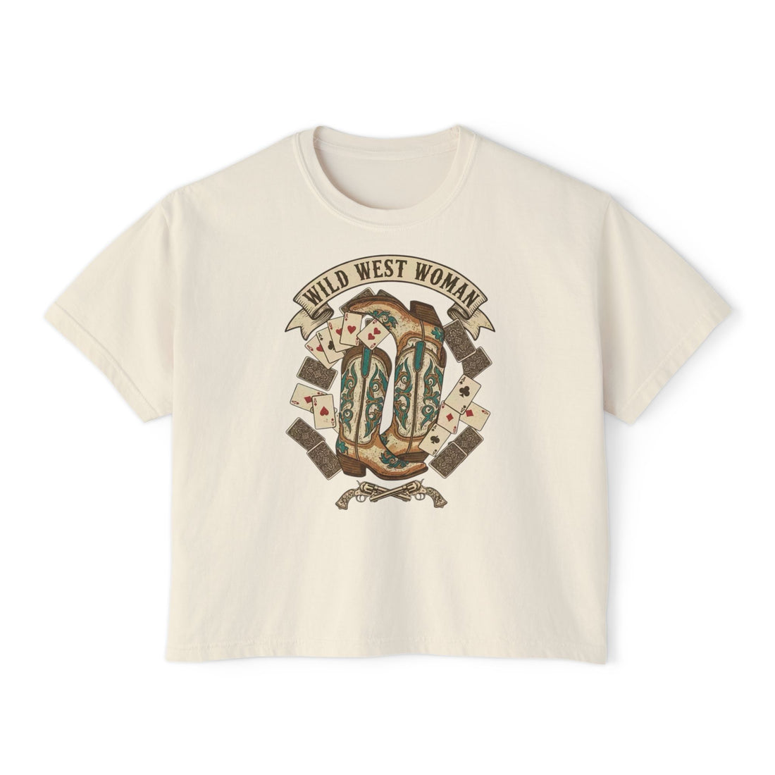 Wild West Woman Boxy Tee — Retro Cowboy Boots & Playing Cards Graphic