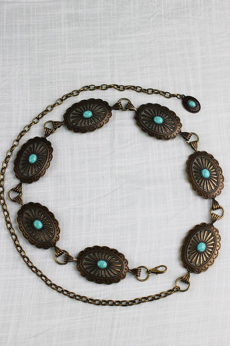 Vintage Turquoise Chain Belt – Classic Western Elegance: Antique Silver