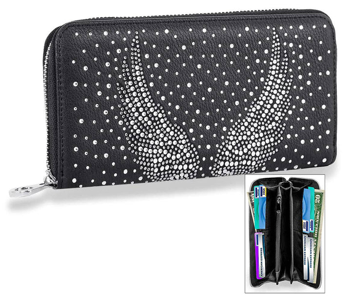 Rhinestone Wing Design Accordion Wallet - Black: Black