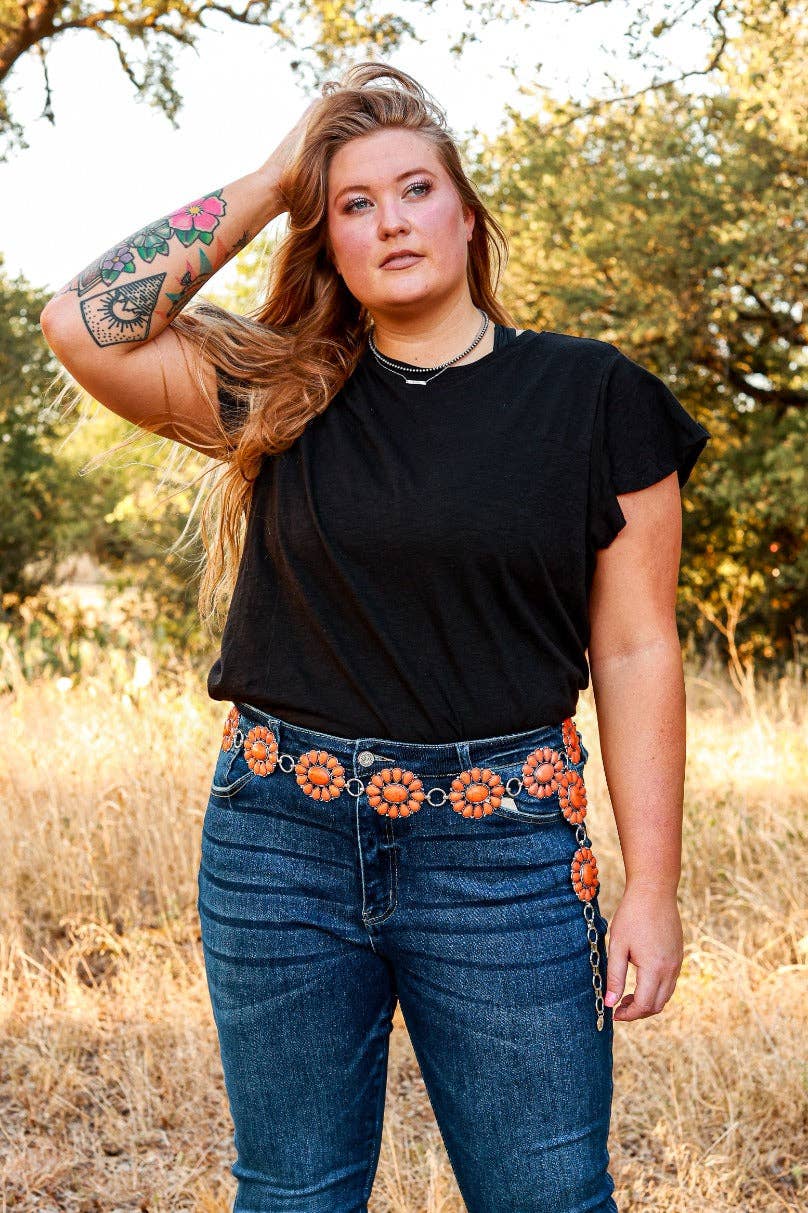 Ride For The Brand Darlin' Orange Floral Concho Link Belt Plus Size: Silver Orange / Plus Size