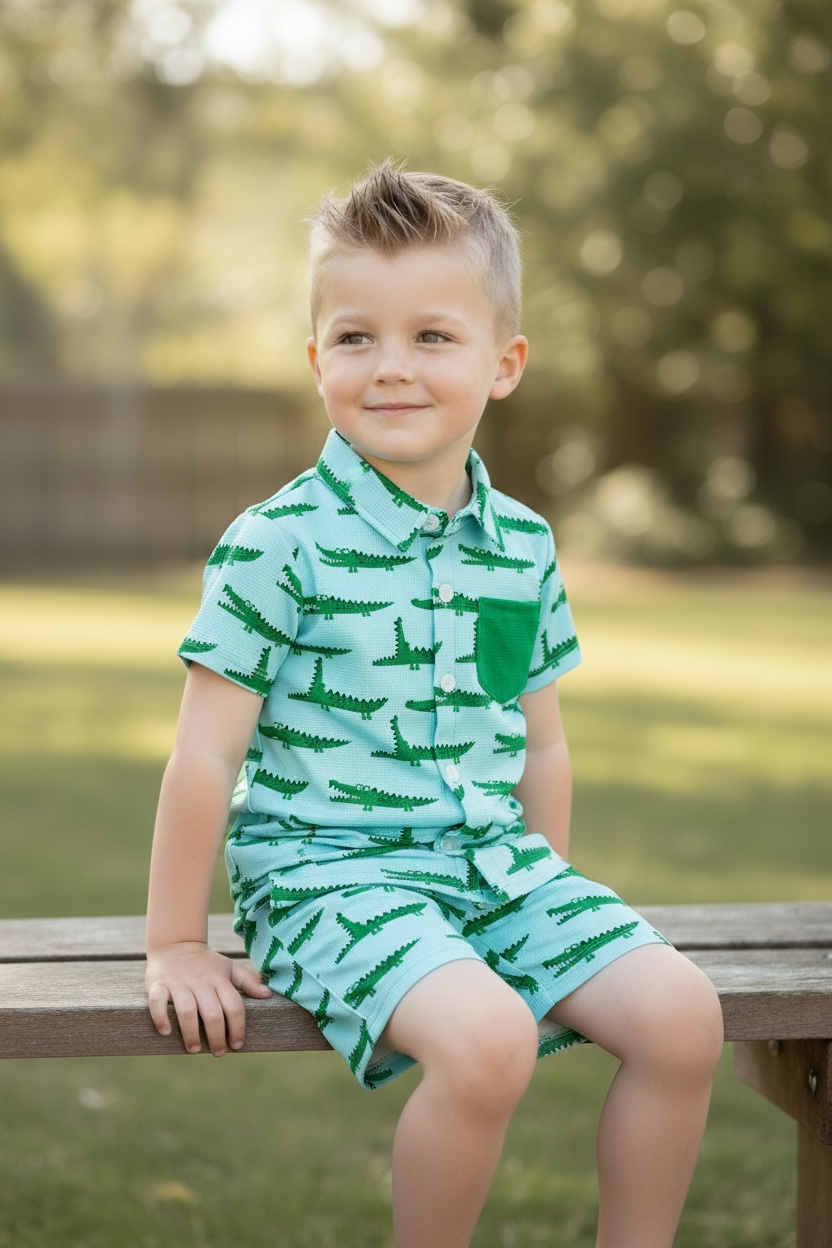 Cute crocodile printed on blue button up shirt and matching shorts