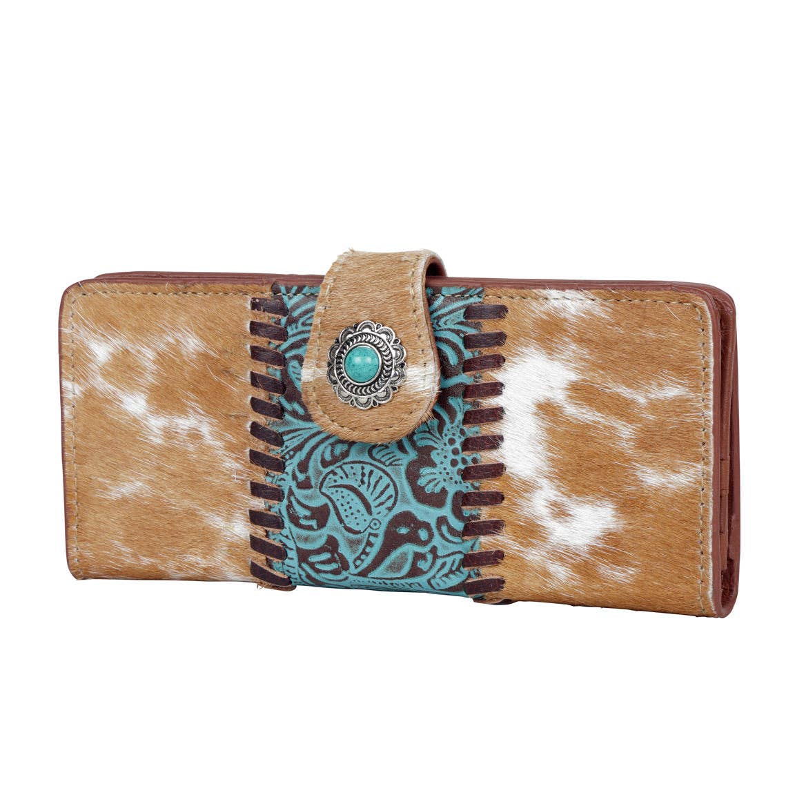 Boho Style Hybrid Leather Wallet With Vibrant Blue Center Design