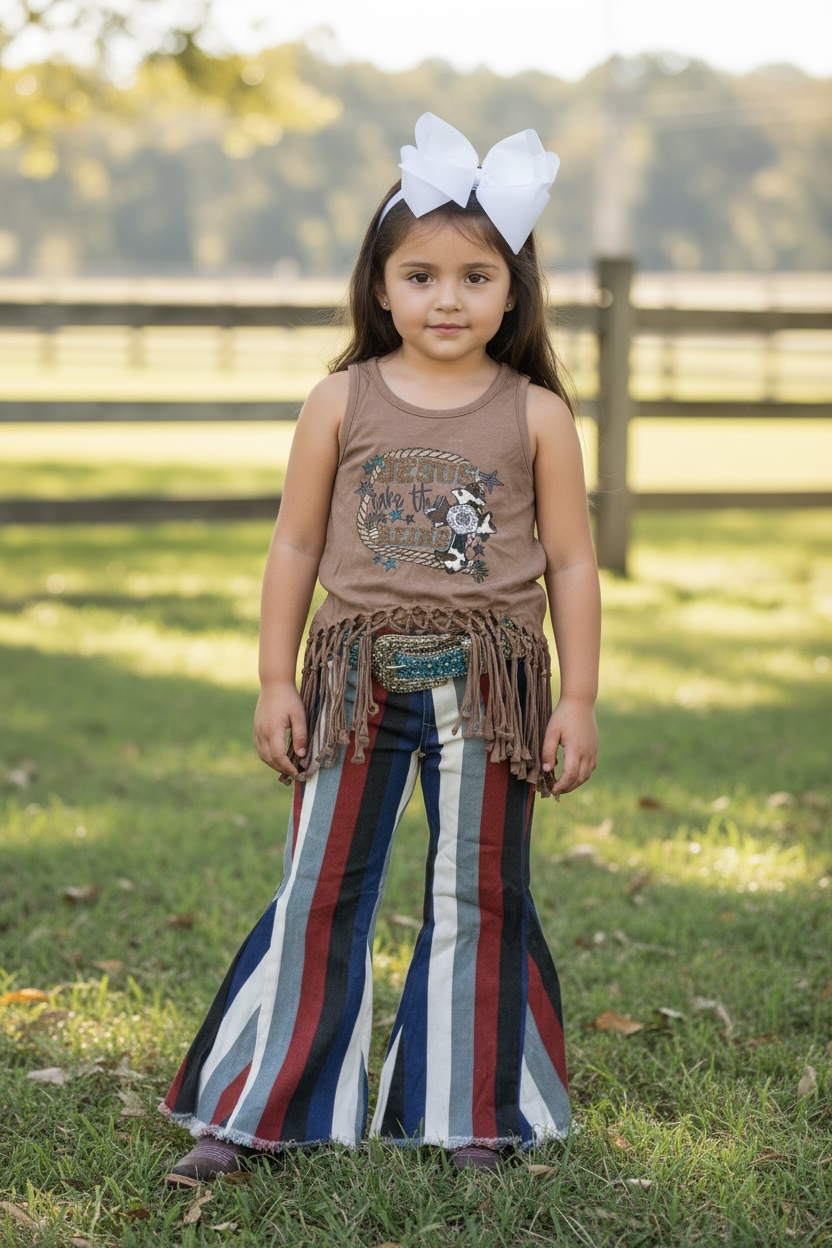 Multi-color stripe printed bootcut denim pants