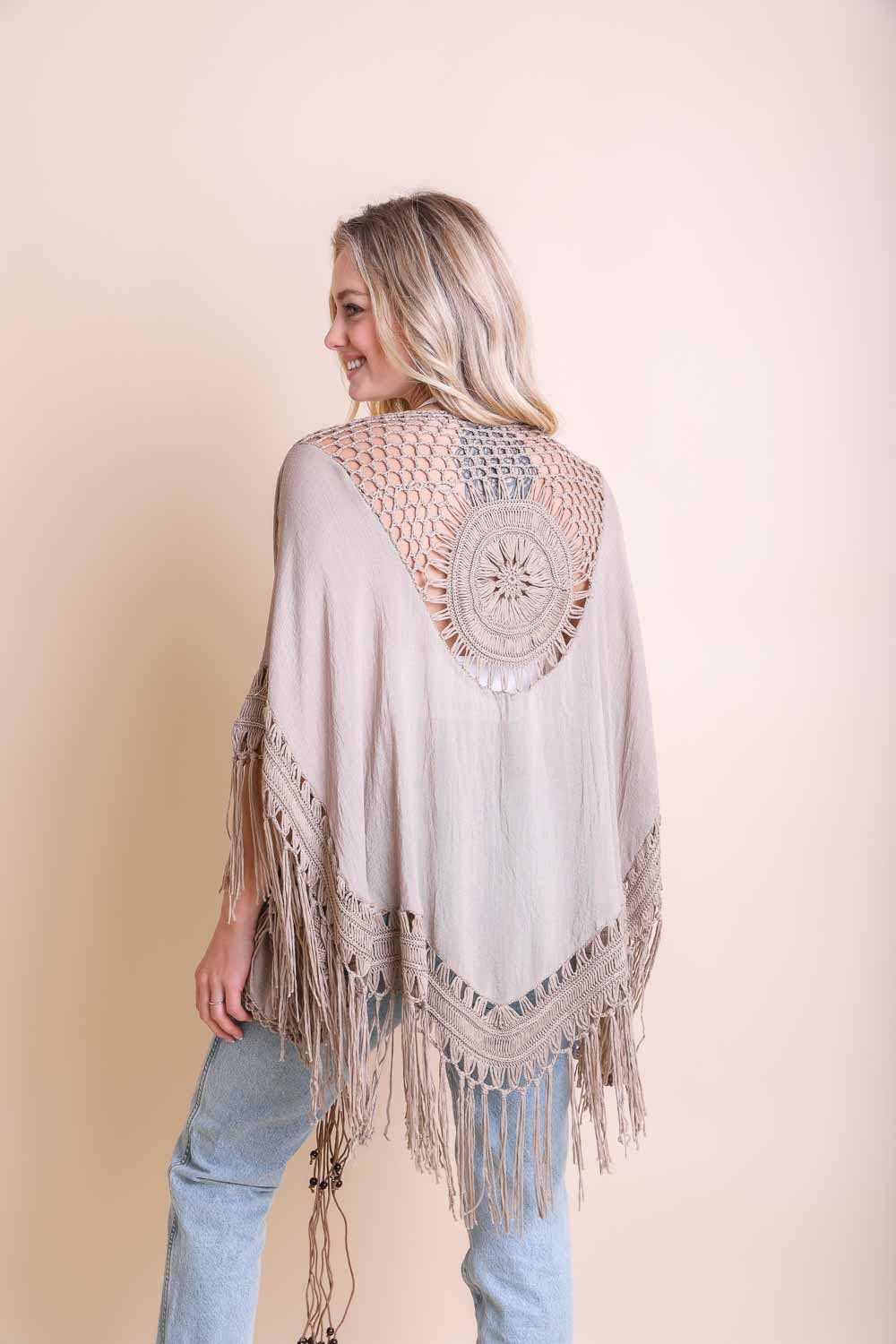 Festival-Ready Crochet Back Tasseled Kimono Jacket