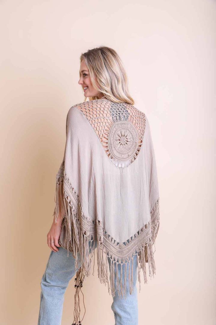 Festival-Ready Crochet Back Tasseled Kimono Jacket