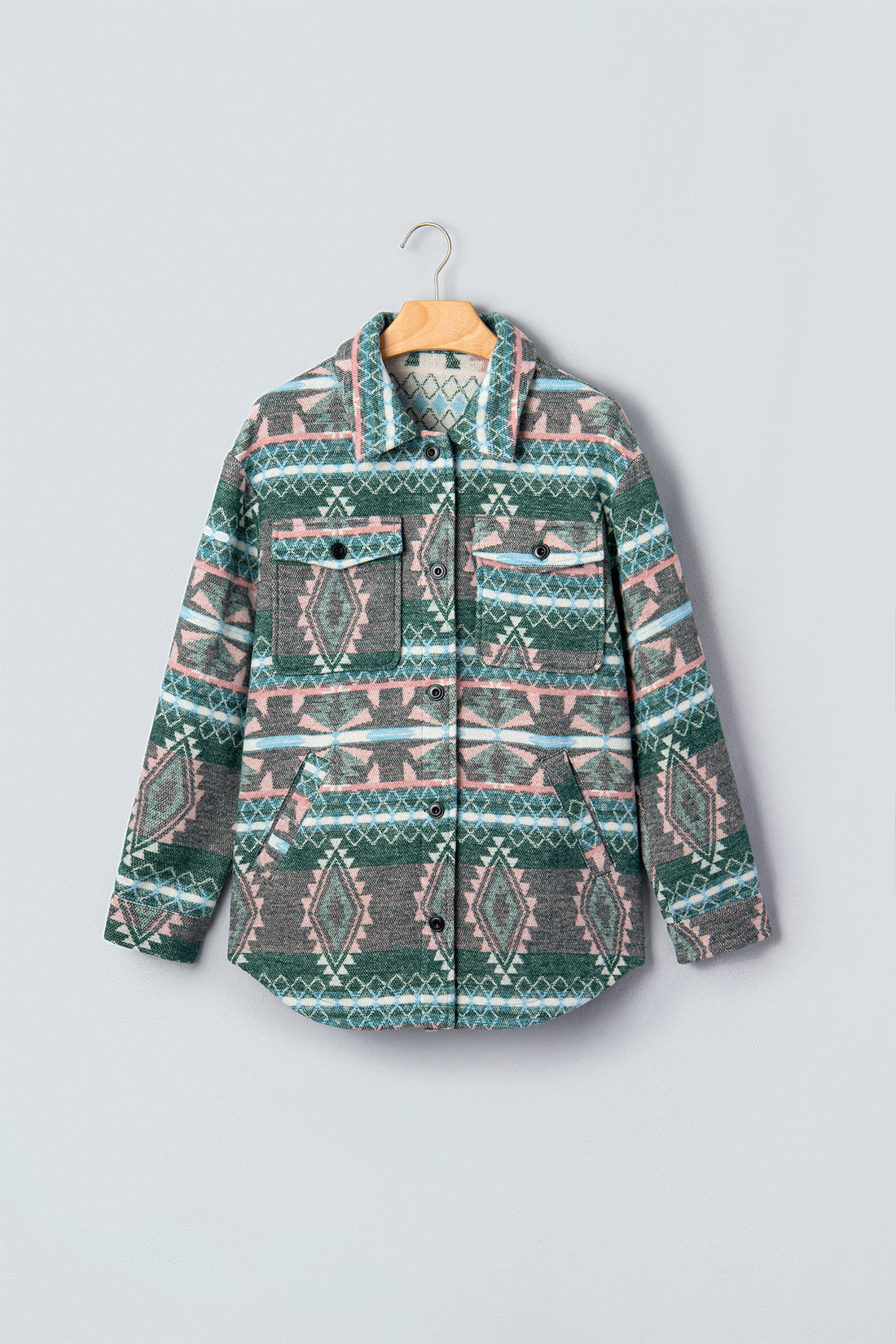 Green Geometric Print Button Front Long Sleeve Shacket