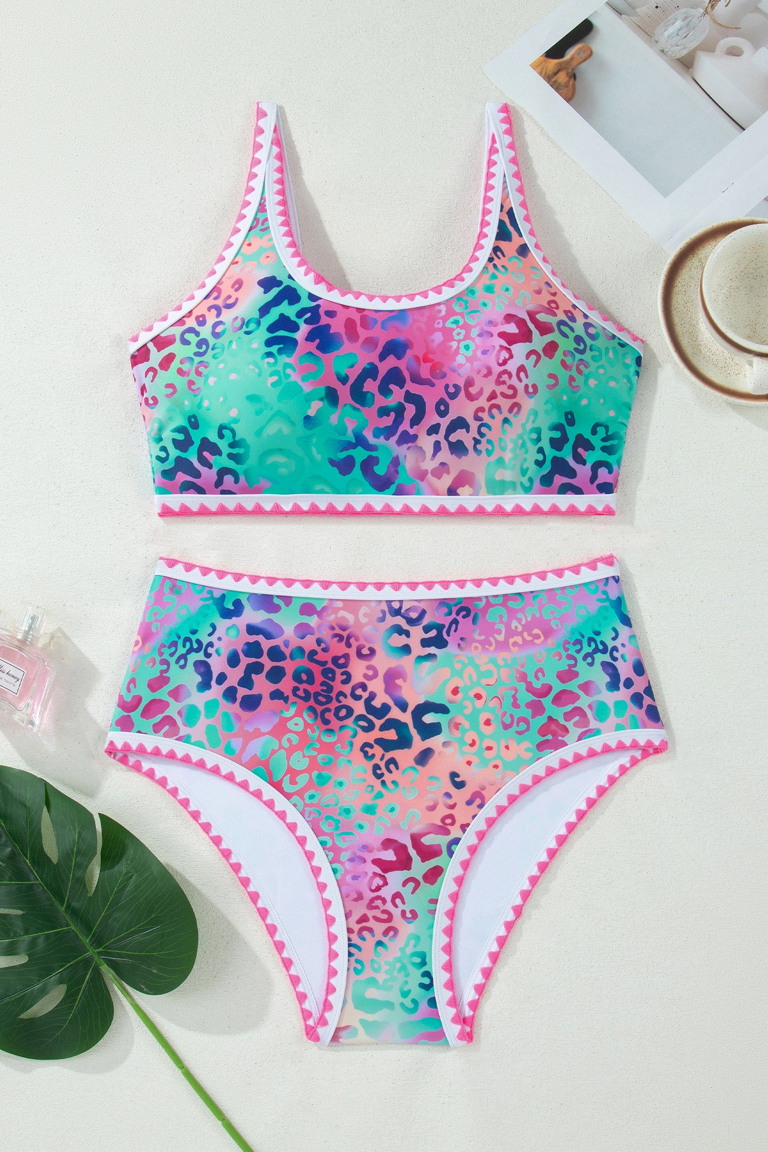 Pink Leopard Ricrac Trim Square Neck High Waist Bikini