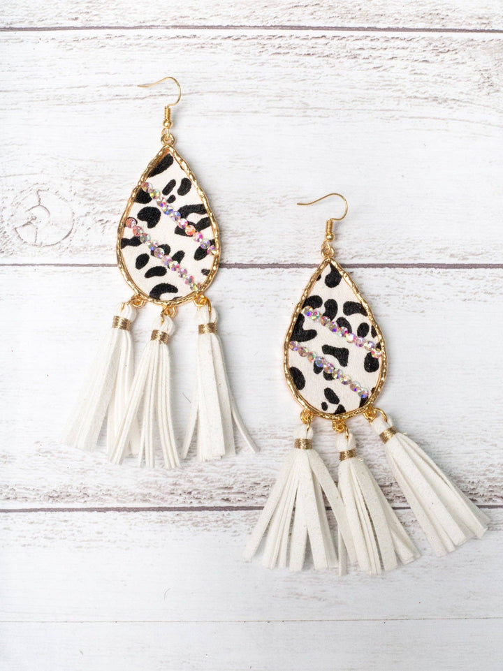 NOT MY FIRST RODEO DALMATIAN TEARDROP TASSEL EARRINGS: White / One Size
