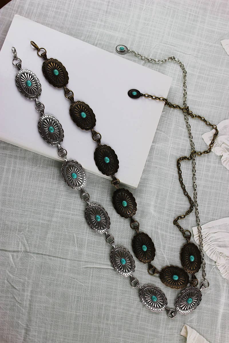 Vintage Turquoise Chain Belt – Classic Western Elegance: Antique Silver