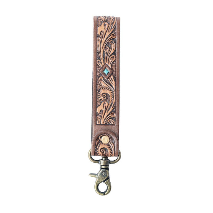 Spirit Stone Handtooled Leather Keyfob in Mahogany Brown: Mahogany Brown