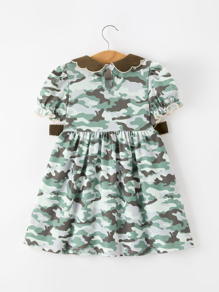 Fall Camo Bow Girls Puff Sleeve Twirl Dress