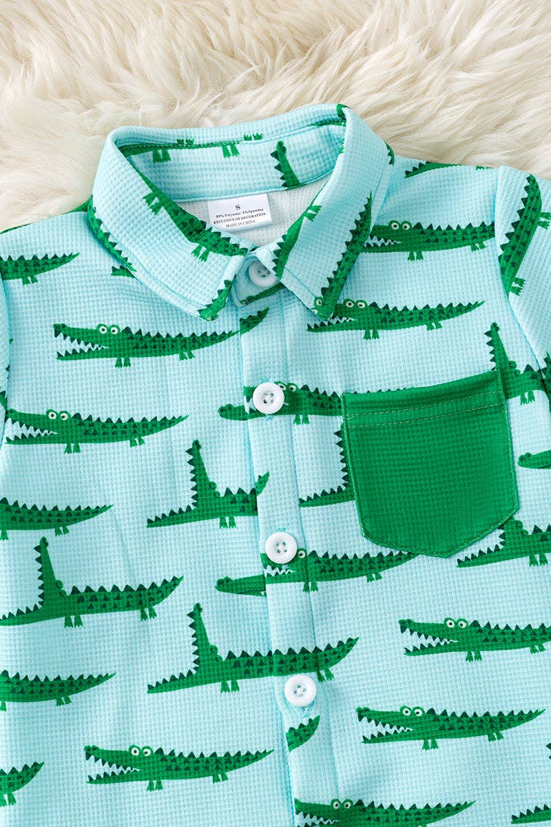 Cute crocodile printed on blue button up shirt and matching shorts