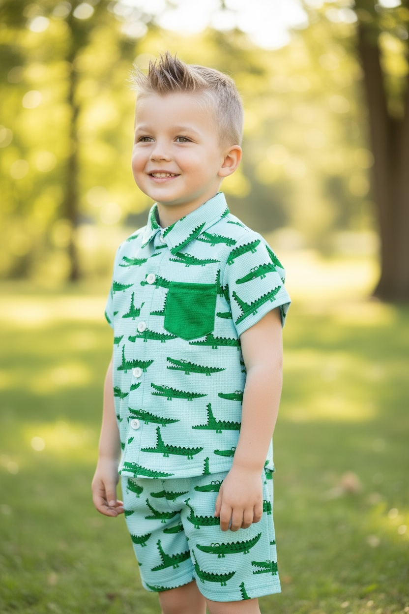 Cute crocodile printed on blue button up shirt and matching shorts