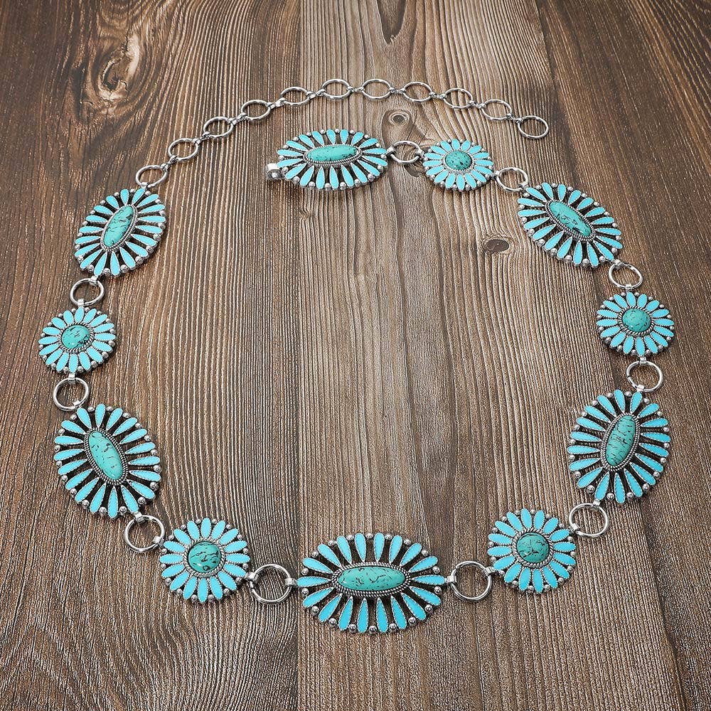Boho Vintage Western Oval Round Stone Concho Chain Belt: Turquoise