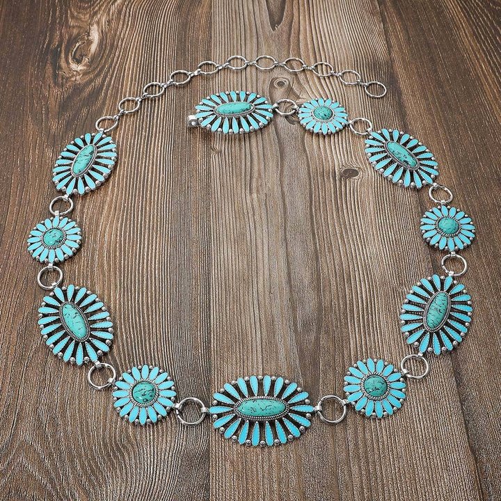 Boho Vintage Western Oval Round Stone Concho Chain Belt: Turquoise