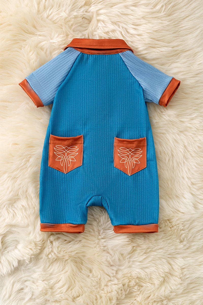 Ribbed fabric blue romper with a front pocket & back pockets