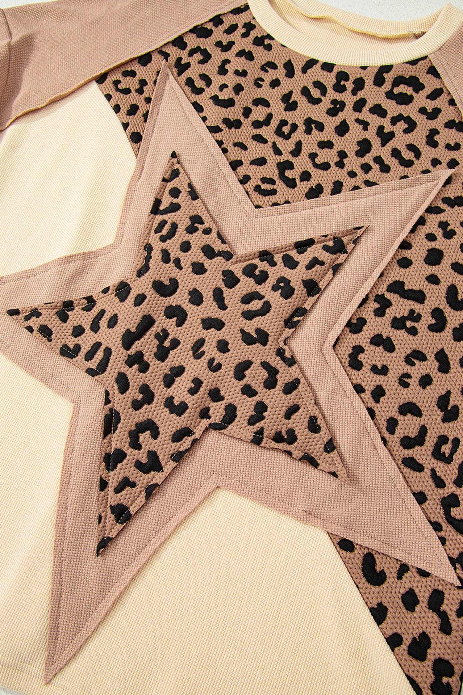 Light Beige Leopard Star Color Block Baggy Long Sleeve Sweatshirt