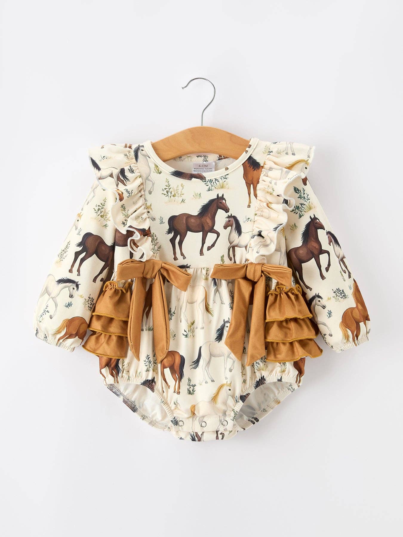 Western Horse Print Girls Long Sleeve Romper With Bow Ruffle