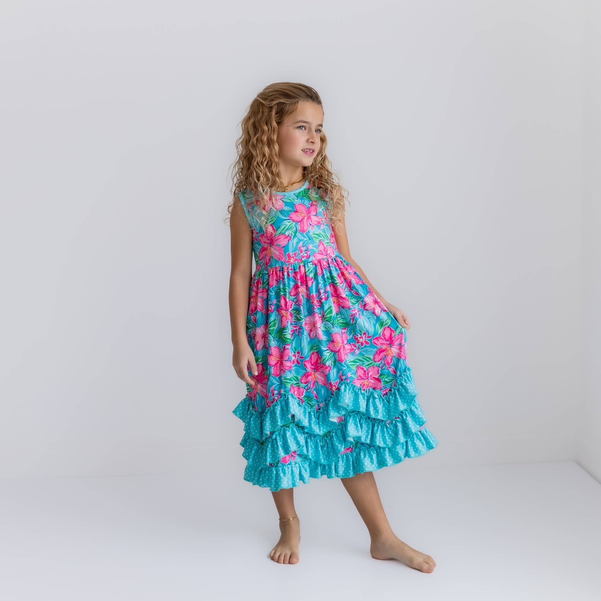Kids Pink Blue Tropical Ruffle Dress