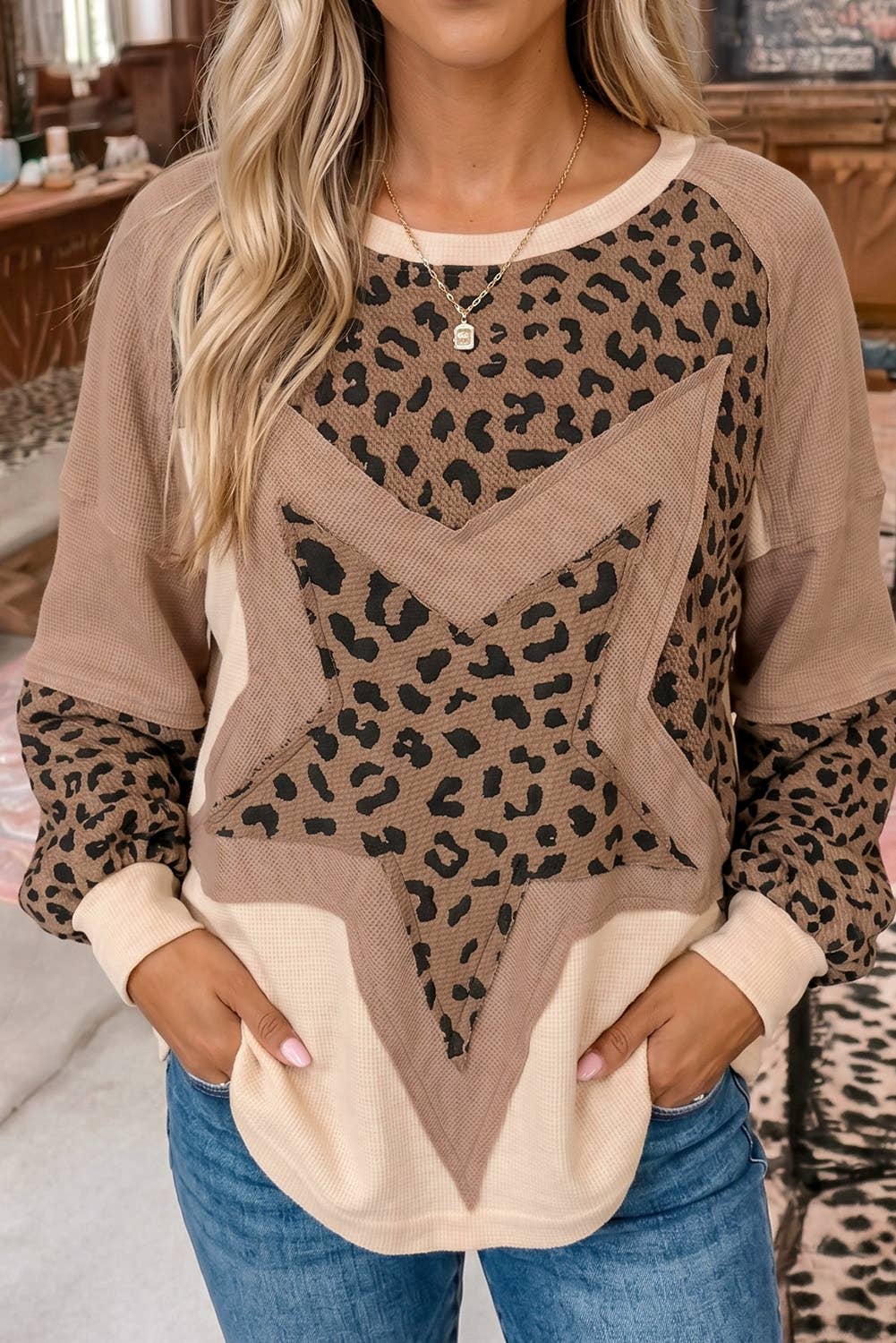 Light Beige Leopard Star Color Block Baggy Long Sleeve Sweatshirt