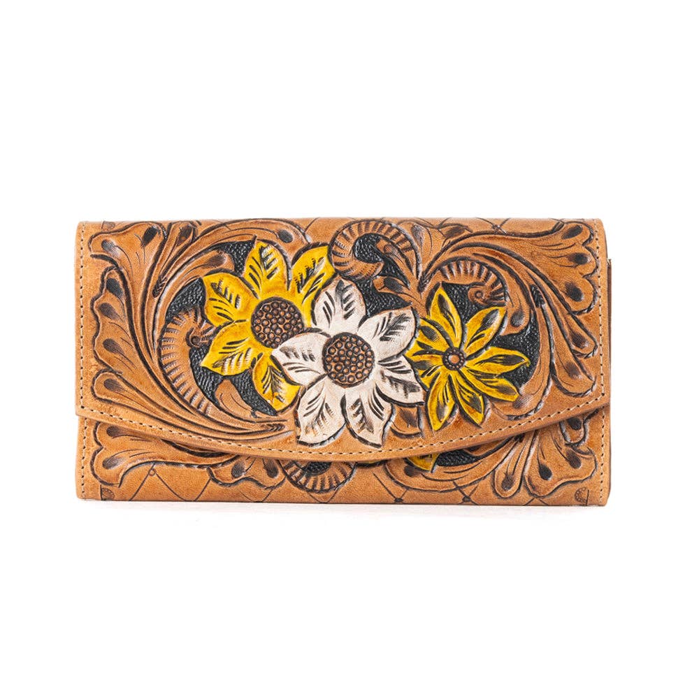 Warm Brown Leather Garden Wallet Featuring Bold Flower Motifs