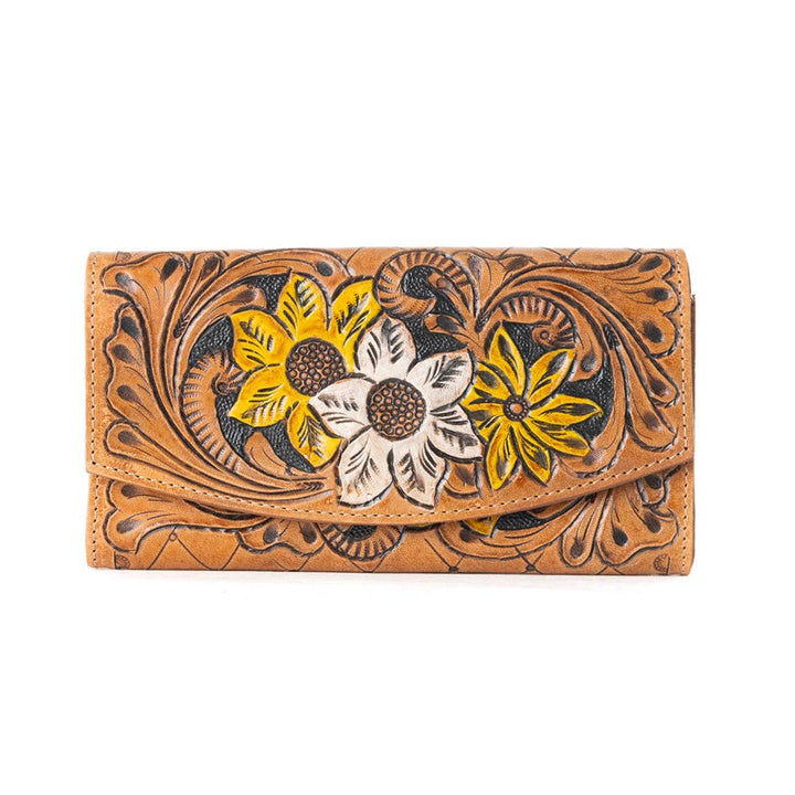 Warm Brown Leather Garden Wallet Featuring Bold Flower Motifs