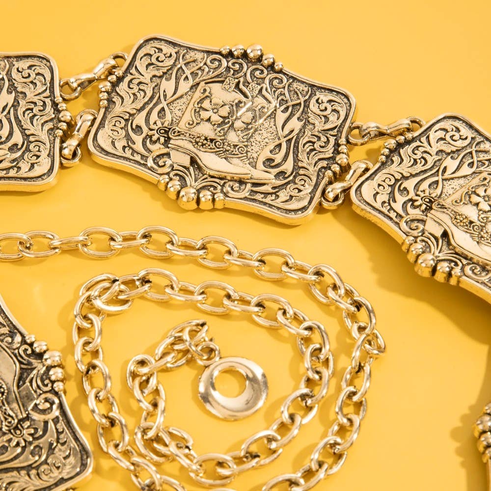Gold Western Engraved Cowboy Boot Chain Belt