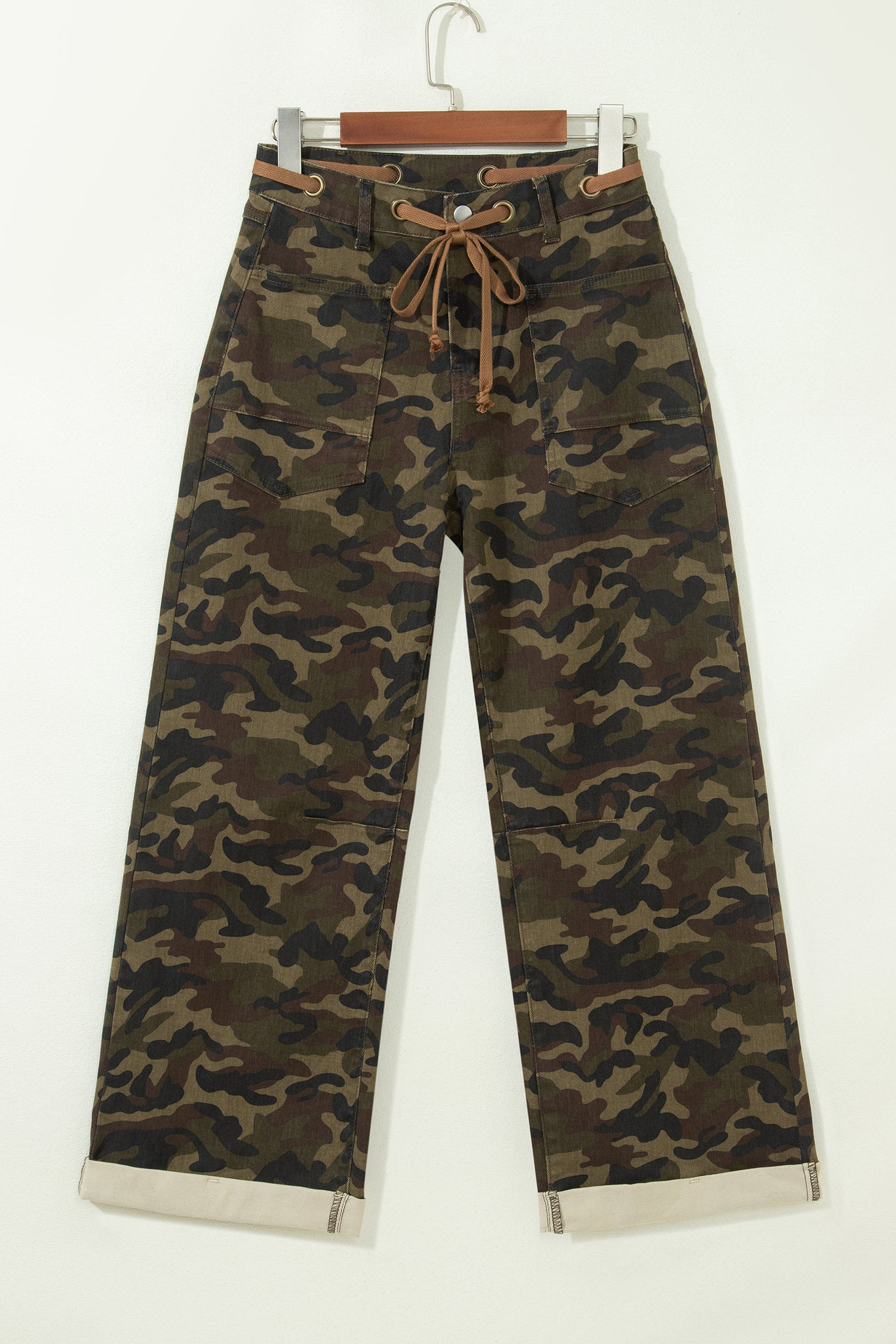 Multicolour Camouflage Print Retro Grommet Tie Waist Loose Jeans