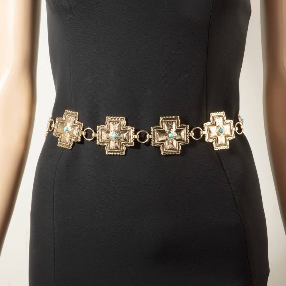 Turquoise Cross Concho Chain Belt Gold