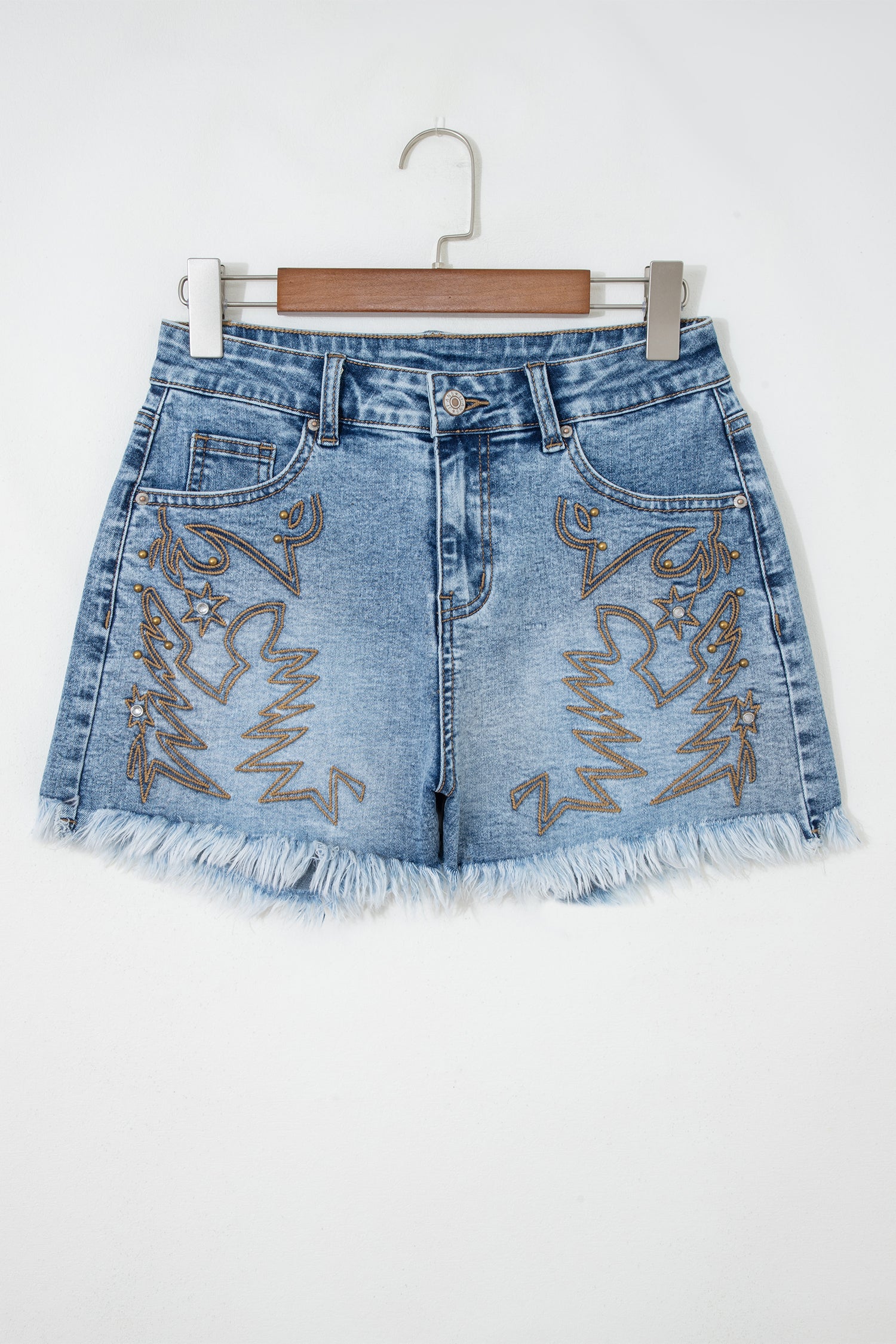 Dusk Blue Western Embroidery Stud Denim Shorts