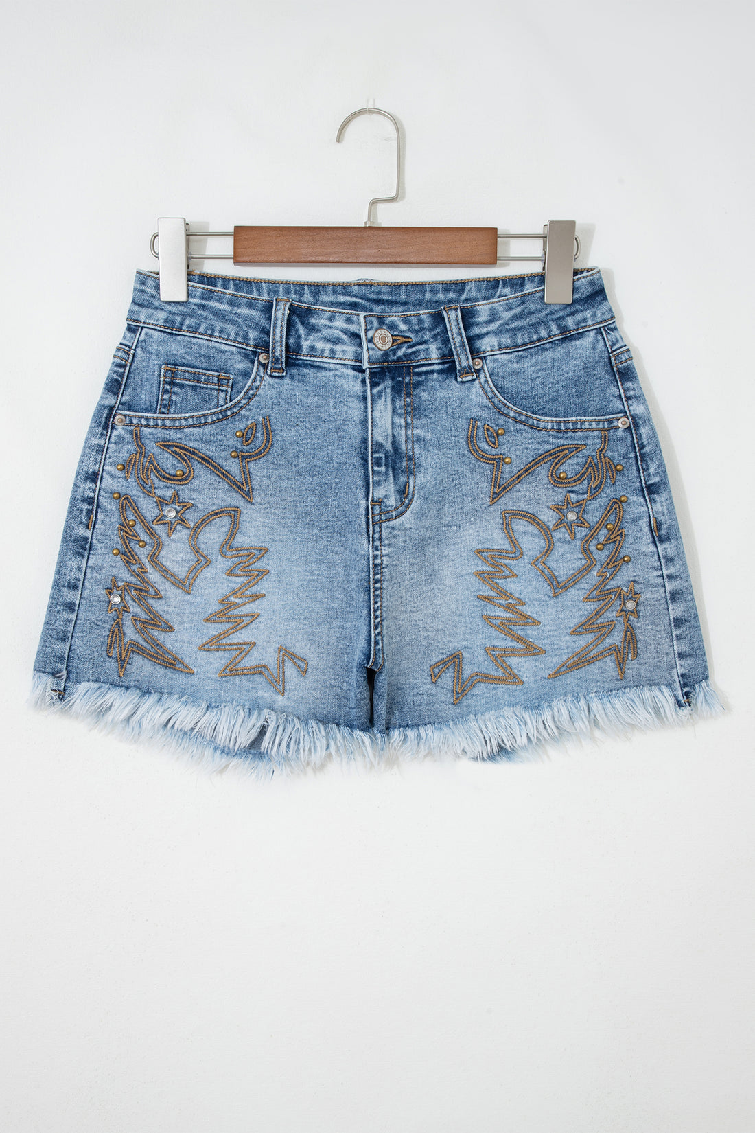 Dusk Blue Western Embroidery Stud Denim Shorts