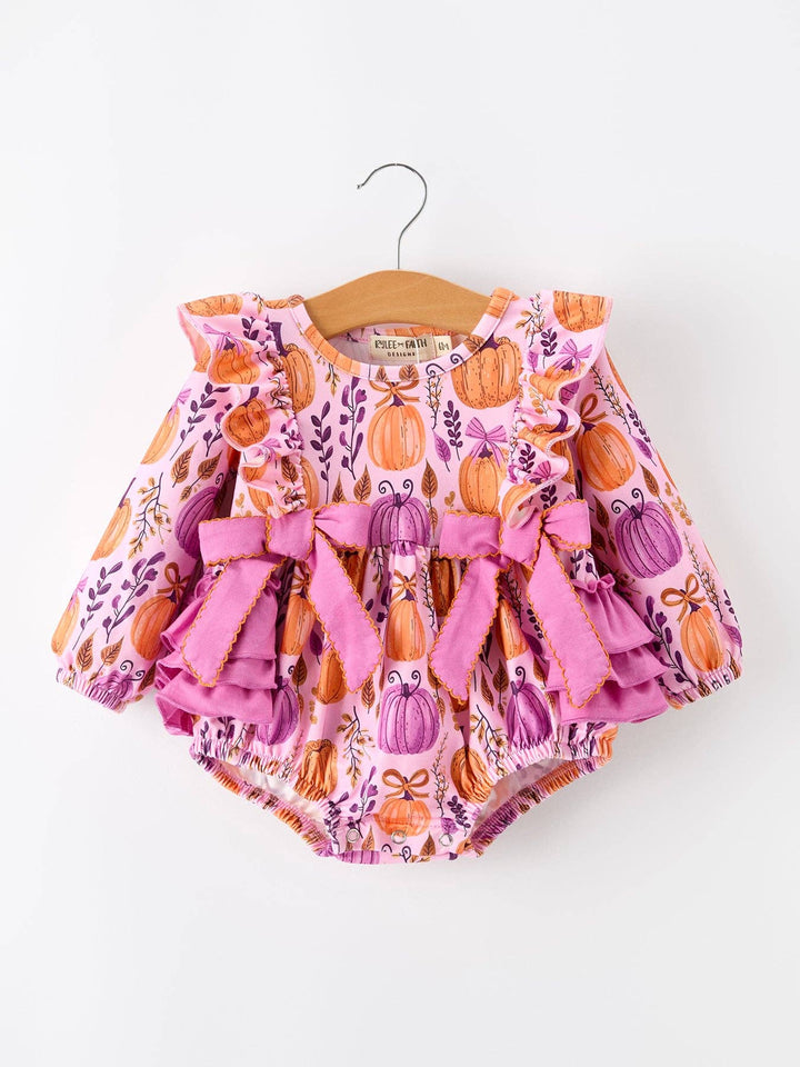 Halloween Thanksgiving Pumpkin Baby Girl Romper With Layered Ruffle Bows
