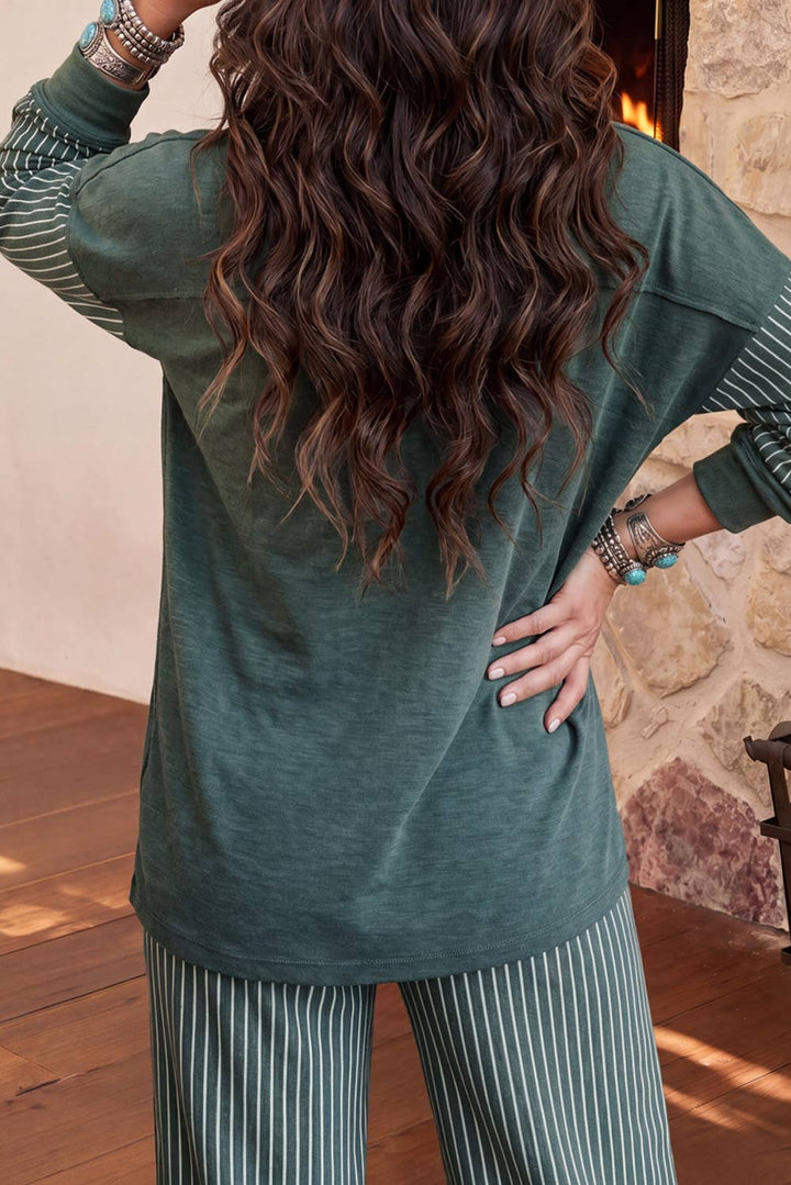 Patchwork Long Sleeve Top Pocket Casual Pants 2pcs Set: Green Bay