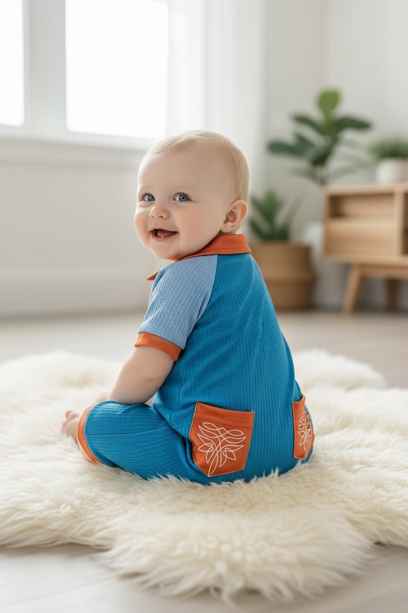 Ribbed fabric blue romper with a front pocket & back pockets
