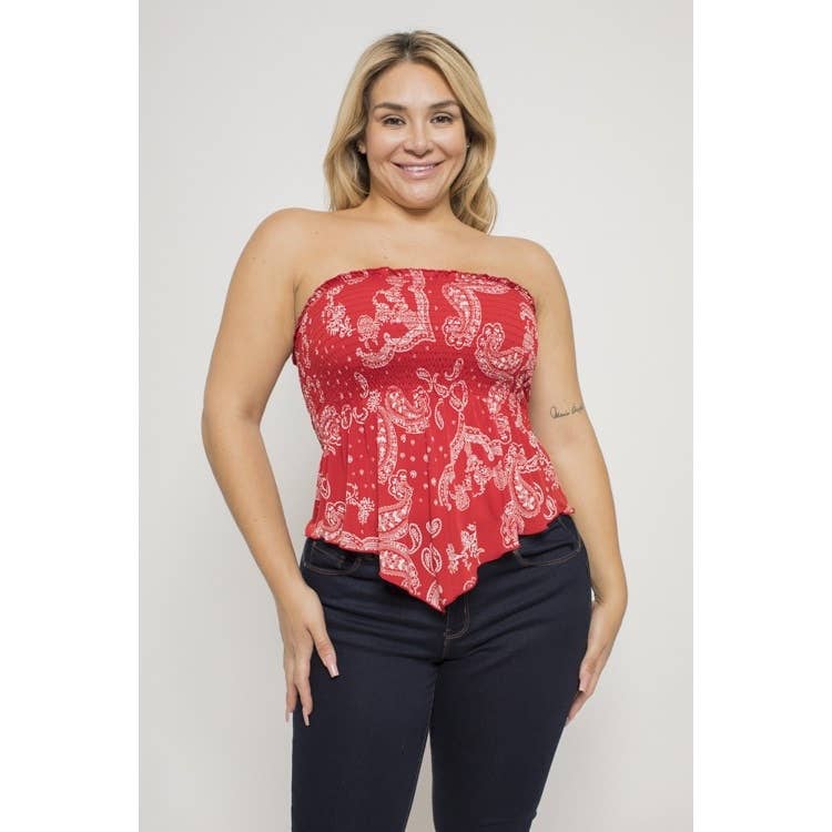 PLUS SIZE PAISLEY SMOCKED TUBE TOP: White