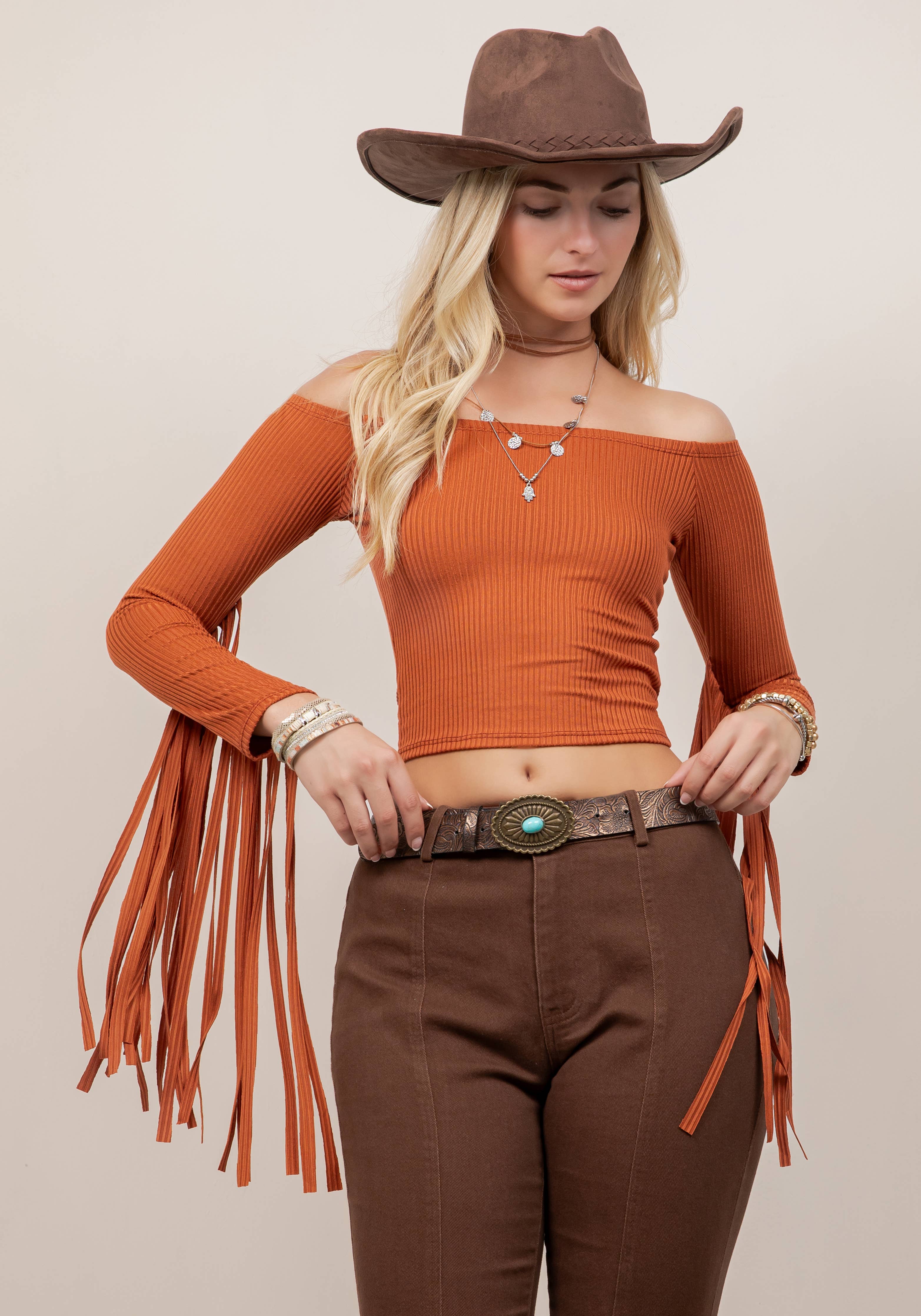 RUST FRINGE SLEEVE OFF THE SHOULDER TOP