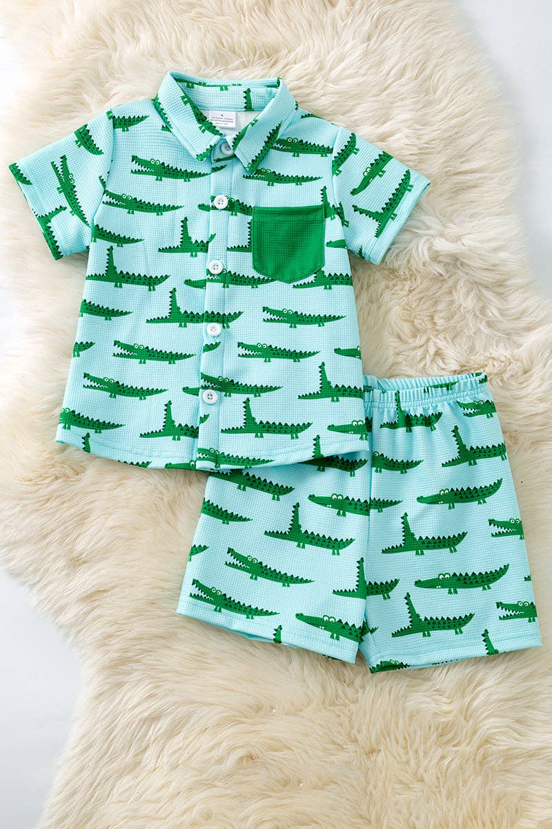 Cute crocodile printed on blue button up shirt and matching shorts